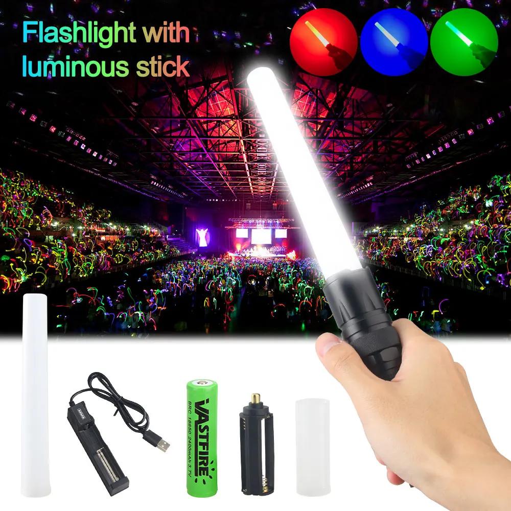 4 in 1 Outdoor Zoomable Hunting Flashlight 5 Modes Multi-color waterproof tactical light Torch with glow stick+18650+Charger best led torch