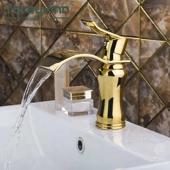 

bathroom hot and cold faucet mixer brass gold & ORB black faucets badkraan waterval waterfall spray basin tap deck mounted taps