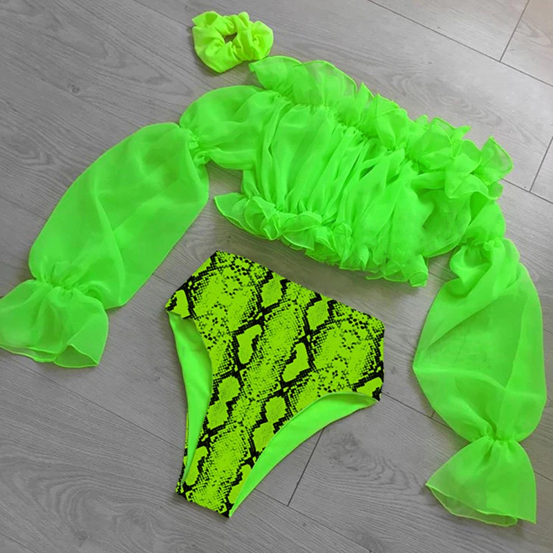 Sexy Green bikini set Swimwear Women Mesh long sleeve swimsuit female High waist bikini Snake printed Bathing suit Mujer