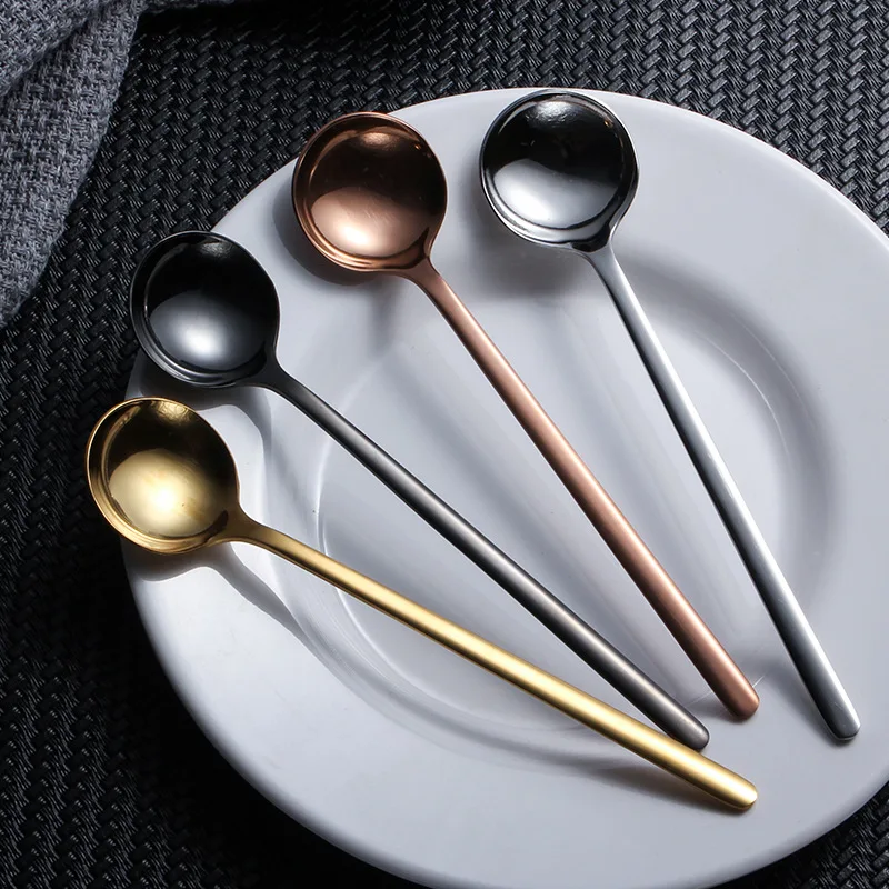 304 Stainless Steel Spoon Korean Style Tableware Thick Stainless Steel yuan shao Long Handle Stirring Spoon Manufacturers Direct