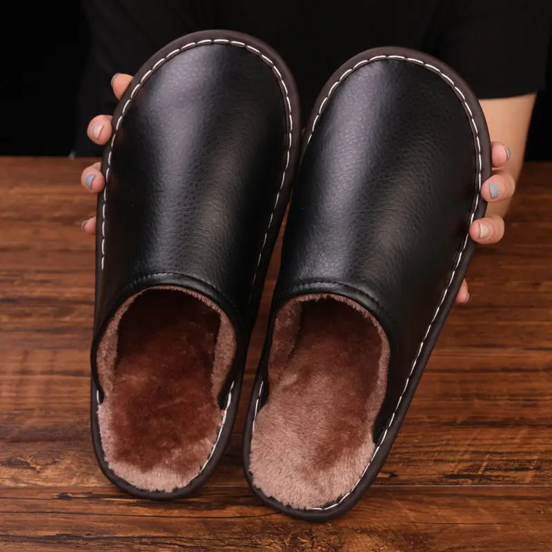 

Unisex short plush slippers men's winter fur velvet shoes male female hotsale leather slides man slippers