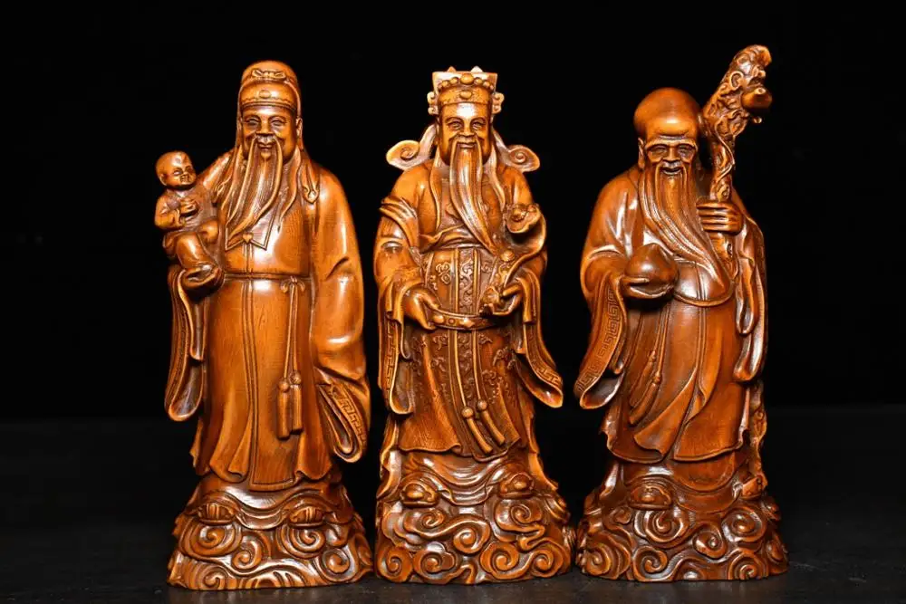 

6" China Collection Old Boxwood Three Buddhas God of Wealth Buddha Statue set Symbol of happiness, auspiciousness and longevity