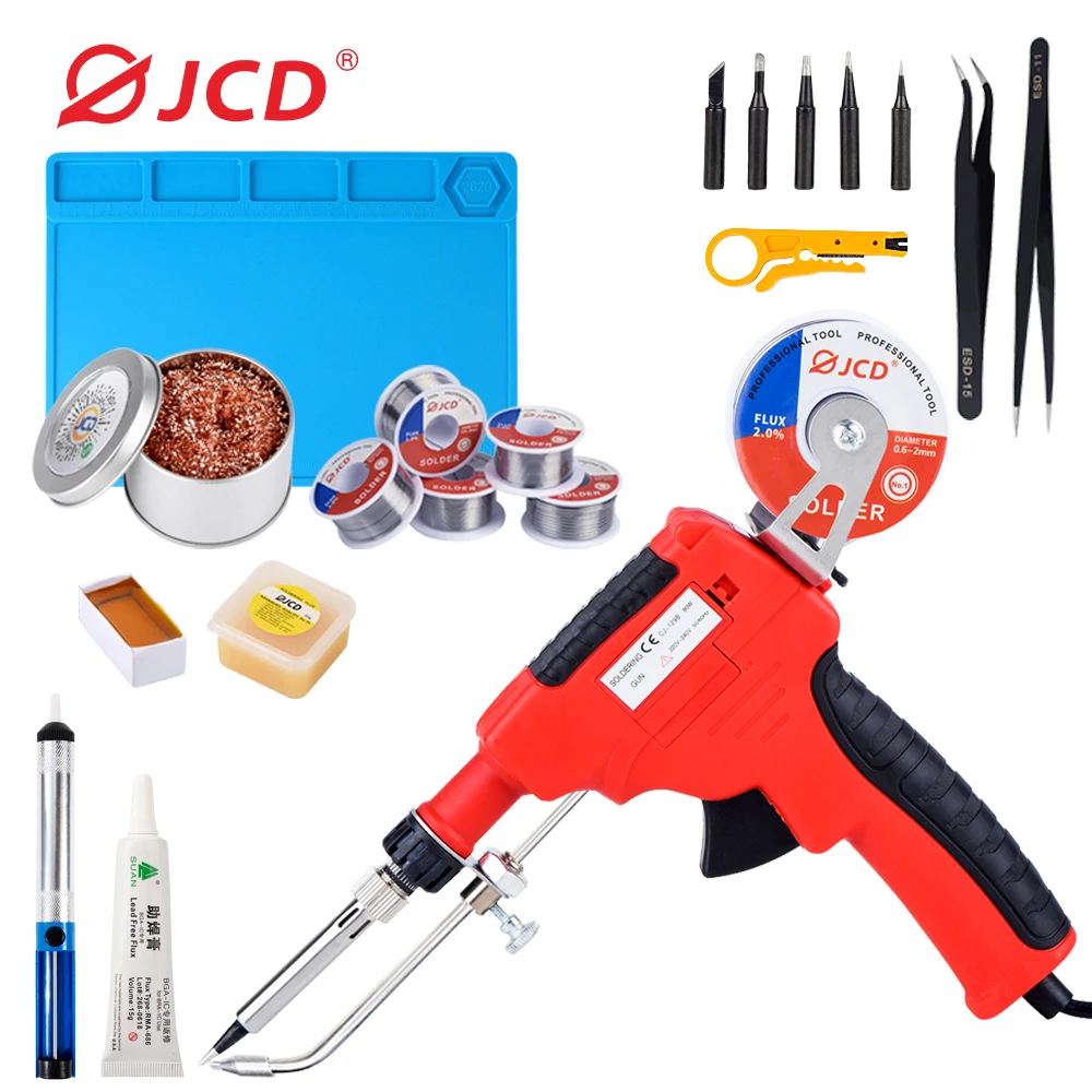 JCD Electric Soldering Iron Gun 220V 80W Manual Tin-feeding Welding Solder Repair Gun Comes With 50G Lead-free Tin High Quality spat1010 220v 700w solder pot tin melting furnace 400degree thermoregulation soldering desoldering bath lead free soldering pot