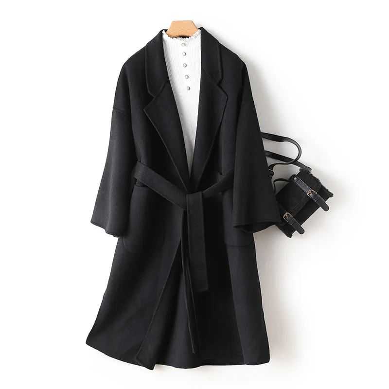 

design women belted long tops winter new style double wool cashmere gown coats tall lady loose warm outwear