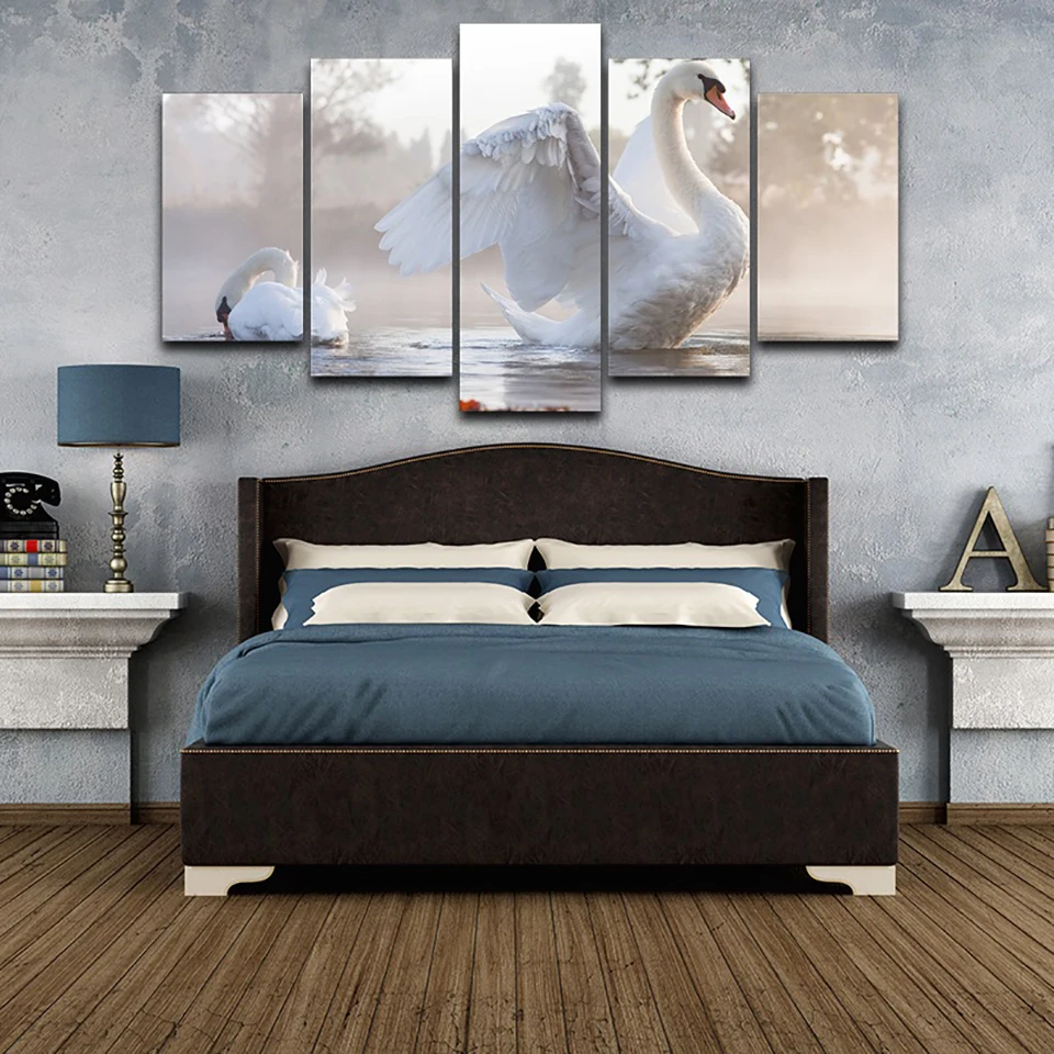 

Framework Wall Art Poster Modern Home Decor For Living Room 5 Panel Lakes Swans Printed On Canvas Painting Modular HD Pictures