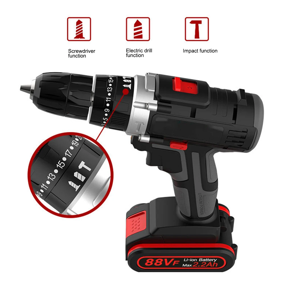 88VF литий-ионная аккумуляторная дрель EU Plug power Drill набор с 3/8 дюймовым бесключевым патроном с переменной скоростью 16 бит 22 отвертки инструмент