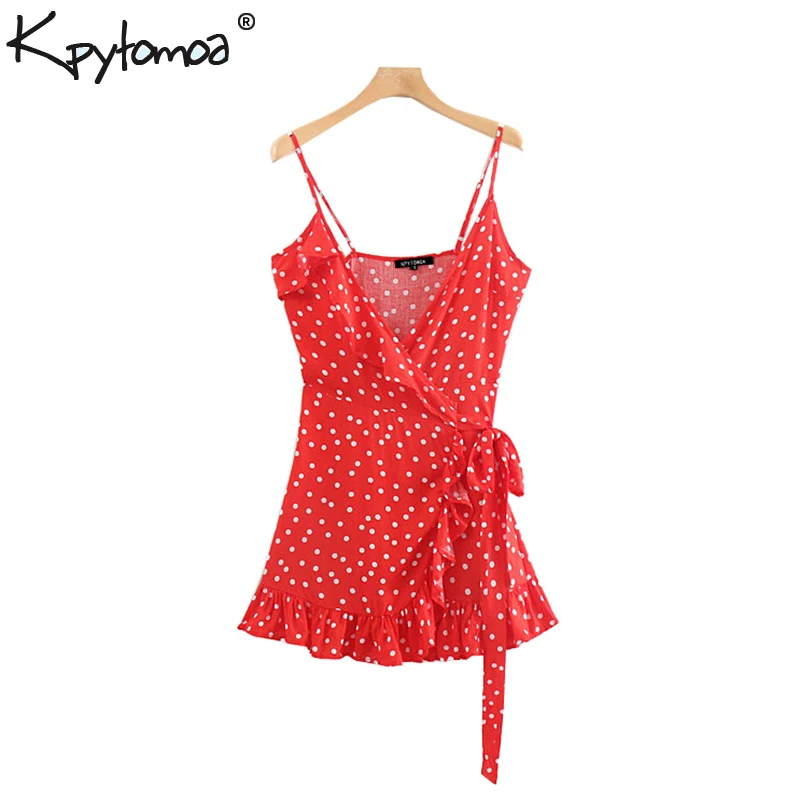 

Vintage Stylish Polka Dot Rufflse Wrap Strap Mini Dress Women 2019 Fashion Backless Bow Tie Sashes Beach Dresses Vestidos Mujer