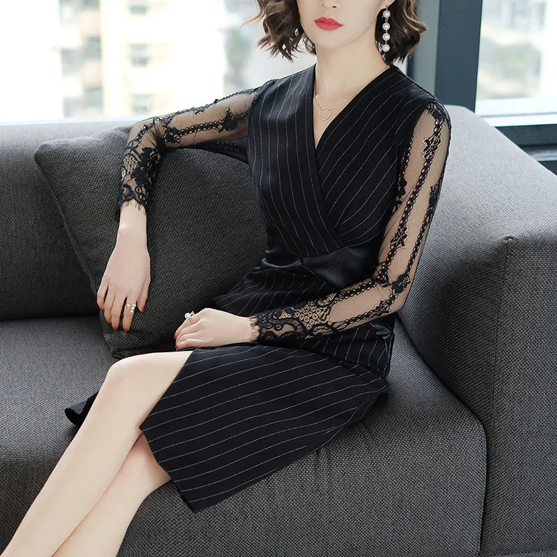 

2019 Spring Clothing New Style V-neck Long Sleeve Striped Dress Women's OL Commuting Slit Medium-length Sheath Dress