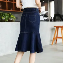 Плюшевая женская джинсовая юбка размера корейская тонкая Осенняя джинсовая юбка длиной до колена Повседневная Длинная джинсовая юбка с оборками и высокой талией