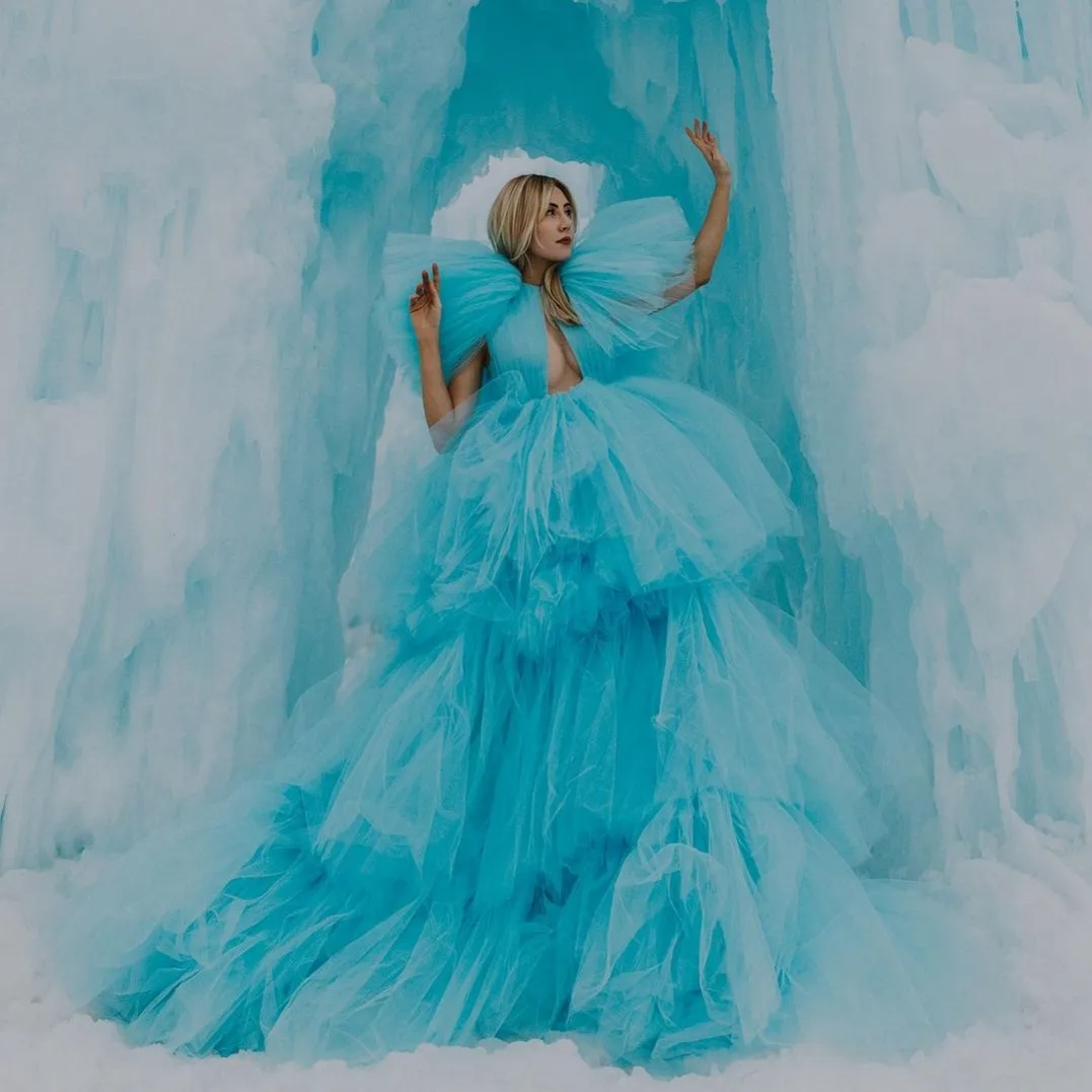 

Extra Puffy Party Dresses Formal Dress Fluffy Sky Blue Tulle Sexy Long Lush Prom Gowns Deep V Cut Custom Made