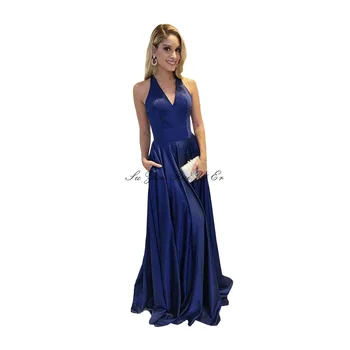 

Blue Long Prom Dresses V-neck Prom Gown Corset Back Satin A-line Formal Party Dress Evening Gown With Pockets Vestido De Festa