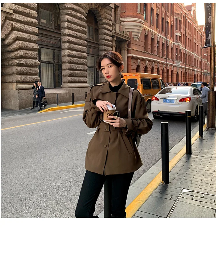 New Elegant Fashion Coat Women Short Blends Coat Jacket Female Korean Version Casual Short Loose Belt Coat Femme