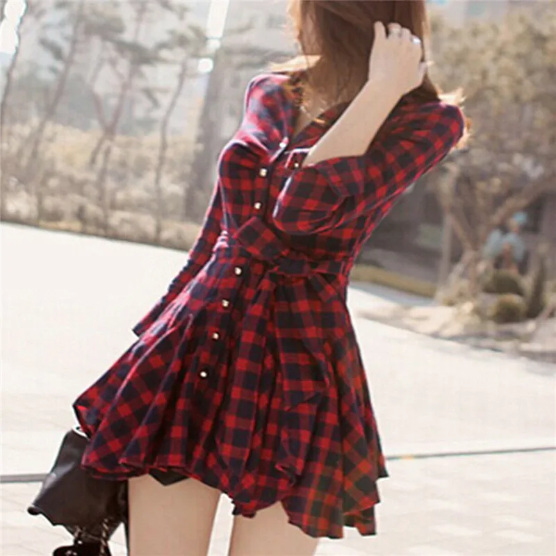 Womens Casual Blouses Dress New Excellent Quality Flannel Red Plaid Print Dress Female Casual Long Sleeve Vestito Lady Clothes