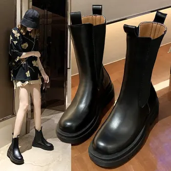 

2020 new spring and autumn thick heel mid-calf boots thick bottom round head Chelsea Knight boots British mona same style