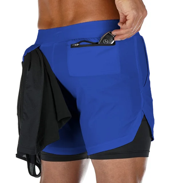 2020 Summer Running Shorts Men 2 in 1 Sports Jogging Fitness Shorts Training Quick Dry Mens Gym Men Shorts Sport gym Short Pants Blue-Black