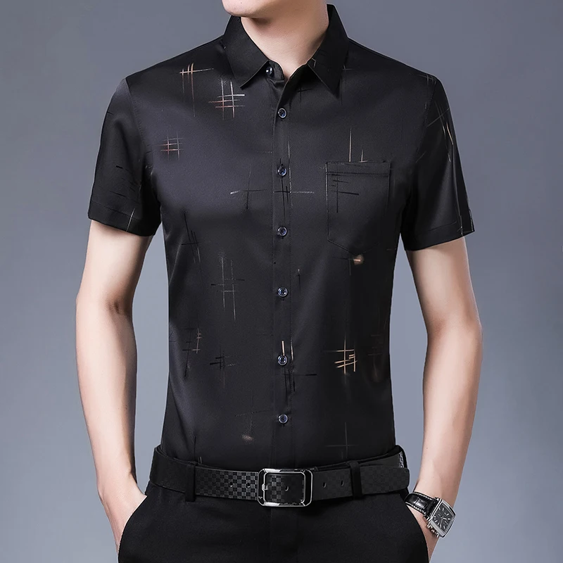 Camisa con estampado de moda para hombre, camisas informales de seda de manga corta, ajustadas, de verano, C746, novedad de 2021