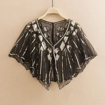 

Women Scarves 1920s Flapper Cover Up Wedding Embroidery Shawl Party Bling Sequin Cape Vintage Mesh Tulle Scarf Wraps for Dress