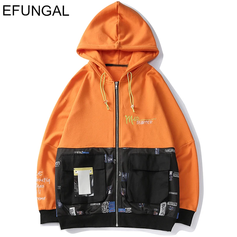 

EFUNGAL Hooded Baseball Jacket Men Patter Print Casual Windbreaker Coats 2019 Fall Hip Hop Jackets Patchwork Casual Streetwear