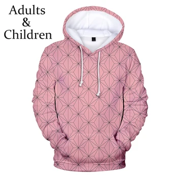 

Casual Autumn 3D Ghost Blade Hoodies Men Women Pink plaid Streetwear Sweatshirt 3D Kids Comic Demon Slayer children Hooded Tops