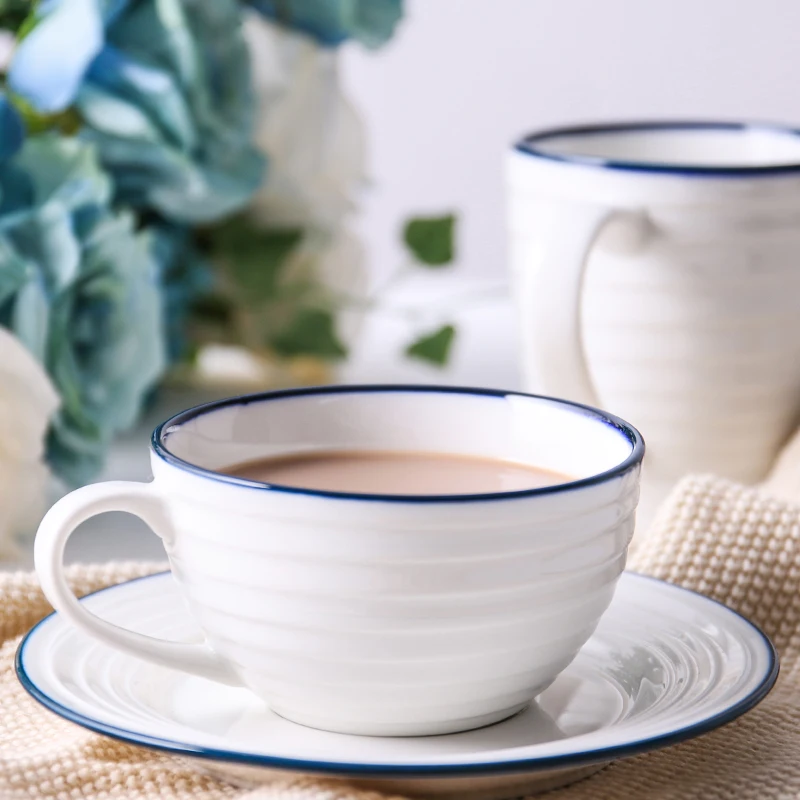 KINGLANG нордический простой белый с голубой линией кофейный набор с блюдцем керамическая посуда для напитков