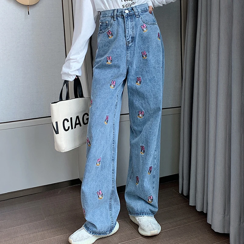 Новые весенние женские джинсы с высокой талией, женские прямые джинсовые штаны с вышивкой мультяшной утки, свободные тонкие элегантные штаны