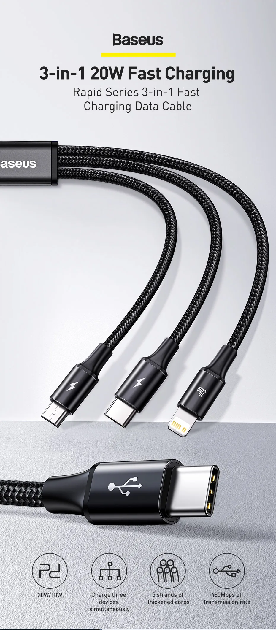 Baseus Type-C Rapid 3-In-1 Cable For Micro + Lightning + Type-C PD 20W 1.5m buy online best price in pakistan