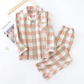 

Couple Pajamas Plaid Print Two Pieces Cotton Pajamas Set Unisex Adult Sleepwear Long Sleeve Spring Female Home Service Pijamas