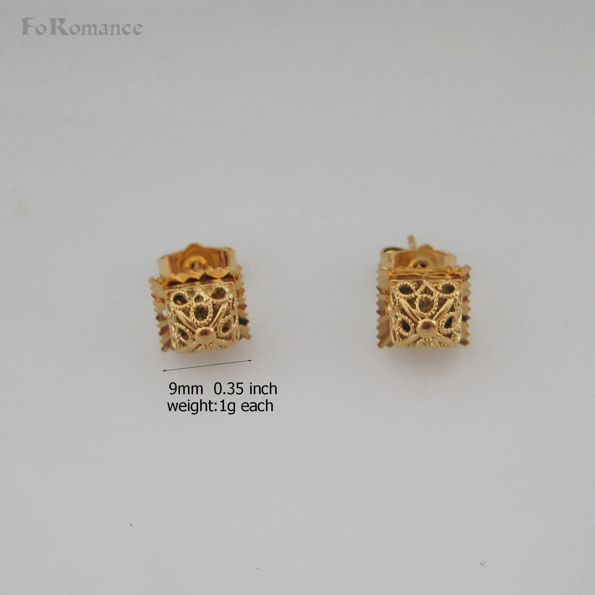 

YELLOW GOLD GP OVERLAY FILLED BRASS STUD HIGH SHINNING CARVED THREE DIMENSION 9mm 0.35 inch SQUARE EARRING BUTTERFLY STOPPER