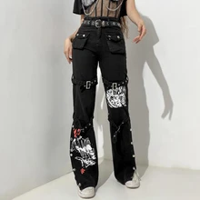 Women's Jeans Autumn Fashion Printed Pocket Stitching Jeans Vintage Button High Waist Slit Loose Denim Straight-Leg Pants