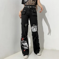 Calças de brim femininas outono moda bolso impresso costura jeans vintage botão cintura alta fenda solto denim calças de perna reta