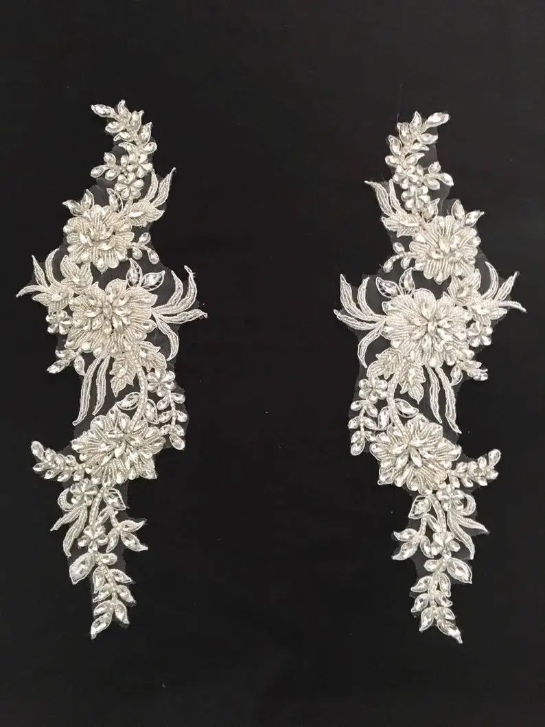 1 paar 2 Stück Handgemachte Haute Couture Blume Strass Perlen Eisen auf Applique Braut Mieder Gürtel Schärpe Hochzeit Motiv 16x44cm – Detail 8