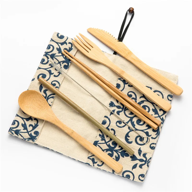

Bamboo Cutlery Wooden Travel Flatware Set Reusable Utensils with Pouch Camping Zero Waste Fork Spoon Knife Flatware Dining Sets