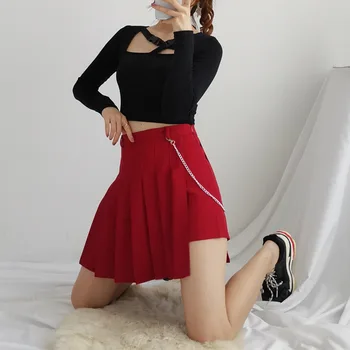 

Red sexy women skirt fashion pleated skirt chain mini skirt irregular high waist was thin youth mini skirt