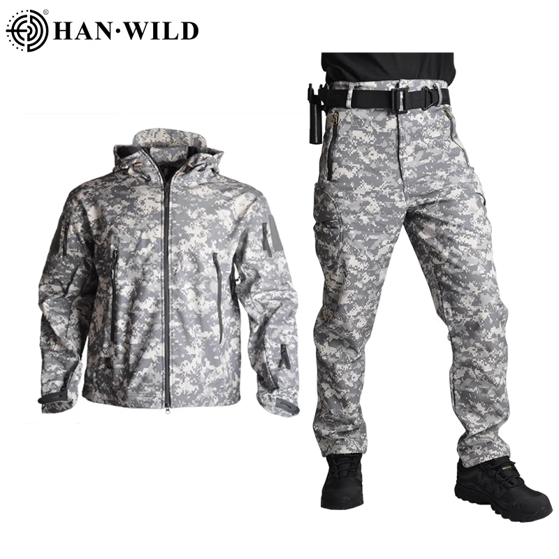 Jaqueta de Casca Mole do Exército à Prova Jaqueta + Calças Selvagem Tático Jaquetas Homens Vento Camo Caça Terno Pele Tubarão Militar Caminhadas Han Tad
