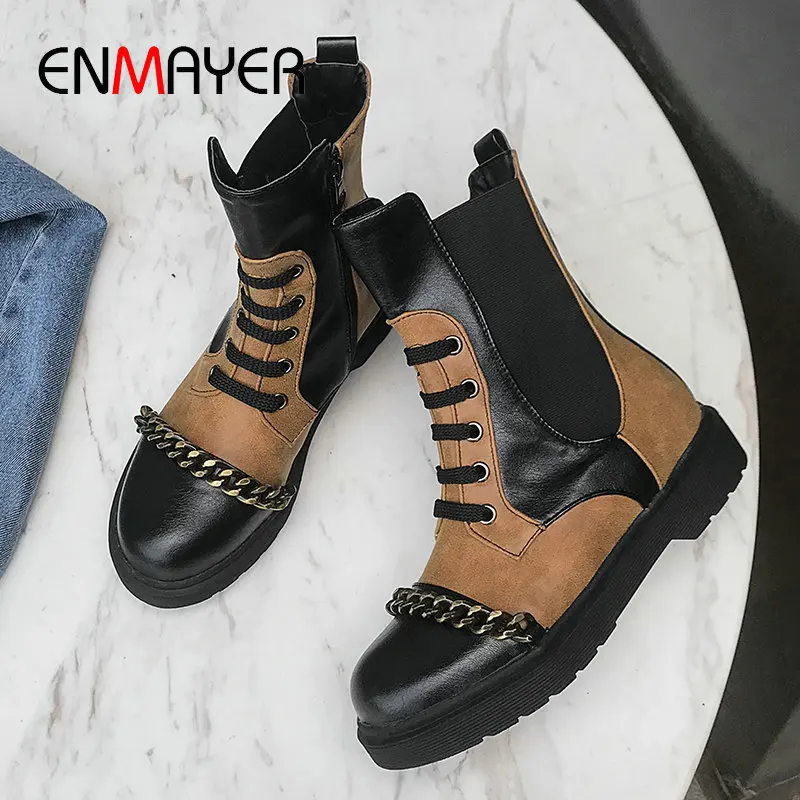 ENMAYER/ г. Ботинки модная женская зимняя обувь из PU искусственной кожи, на шнуровке, до середины икры, с круглым носком, на плюшевой подкладке женская обувь, размеры 34-43