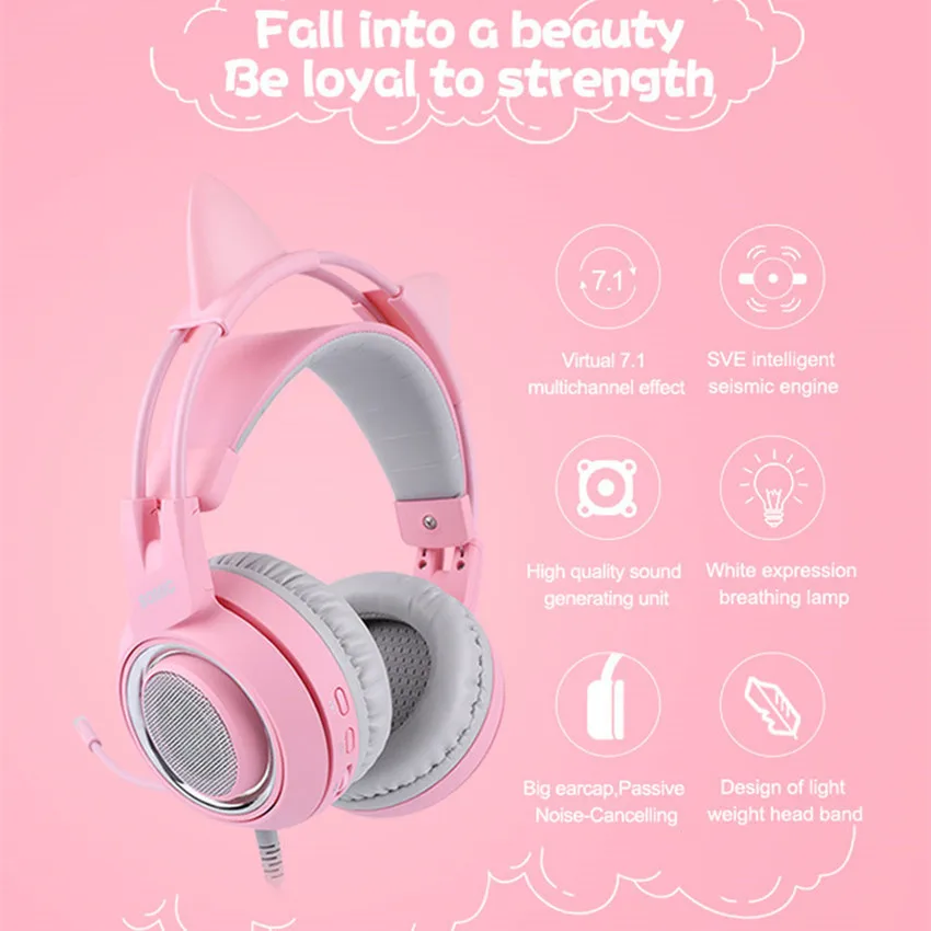 SOMIC G951 USB 7 1 Headset Surround Sound Gaming Headphone Bass Casque with Cat Ear Mic vibration for PC Notebook Pink kids Girl