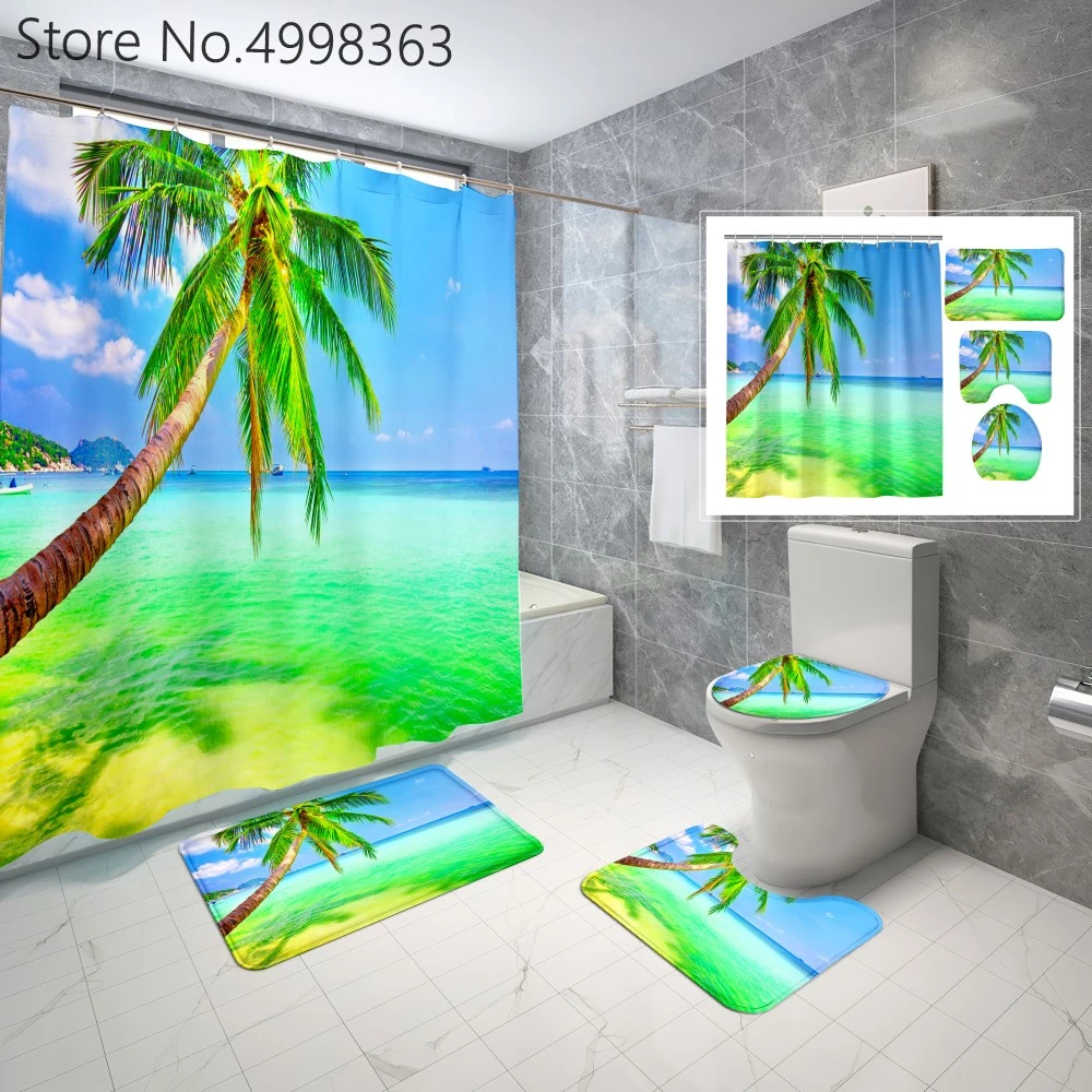 Seaside Shower Curtain Sets Tropical Palm Tree Bath Curtain And Toilet Lid Cover Bath Rug Carpet Natural Scenery Bathroom Decor Shower Curtains Aliexpress