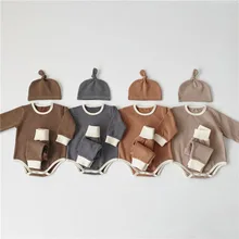 3059 г. Комбинезон для новорожденных мальчиков и девочек, комплект из 3 предметов для малышей, зимний Корейский плюшевый утепленный комбинезон в полоску, штаны с шапочкой