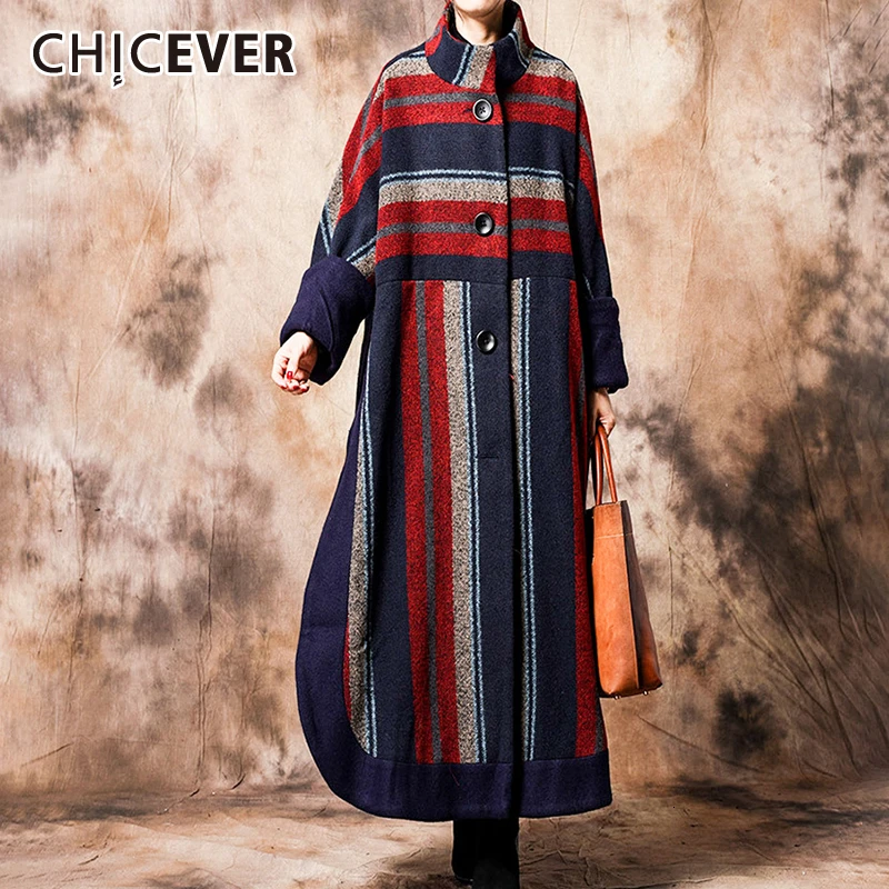 

CHICEVER Vintage Striped Hit Color Women's Wool Coat Mandarin Collar Long Sleeve Oversize Loose Female Coats 2020 Winter Fashion