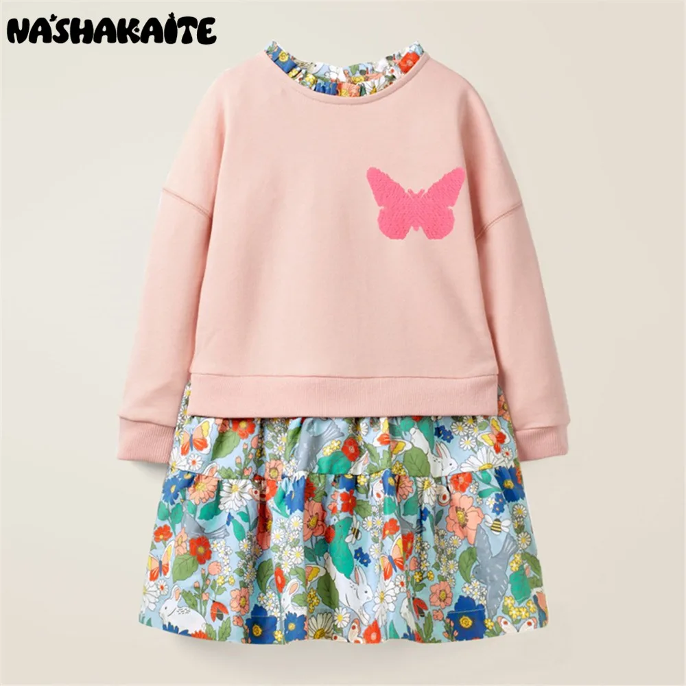 

NASHAKAITE Girl Dresses Autumn New Kids Long Sleeve Butterfly Unicorn Printed Dress Patchwork Princess Dress Baby Clothes