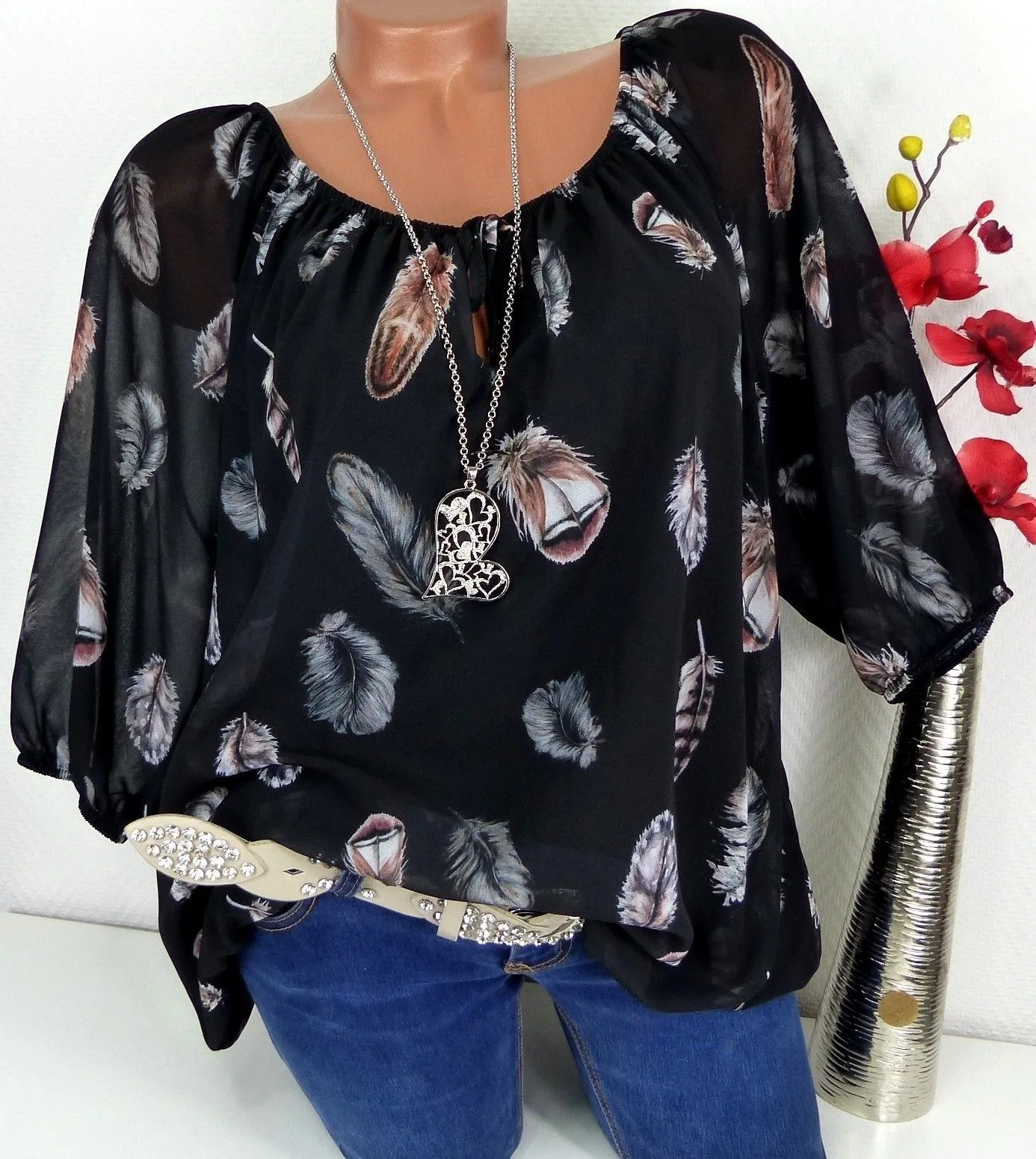 WILLTOO Women Casual Blouse Plus Size Feather Print V-Neck Long Sleeve Loose Top Shirt