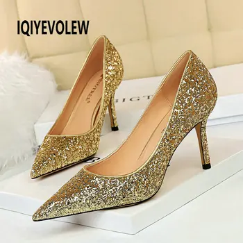 

Wedding Pumps Women Glitter Pointed Toe Shallow High Heels Stripper Scarpins Luxury Stilettos Bridal Gold Silver Fetish Shoes
