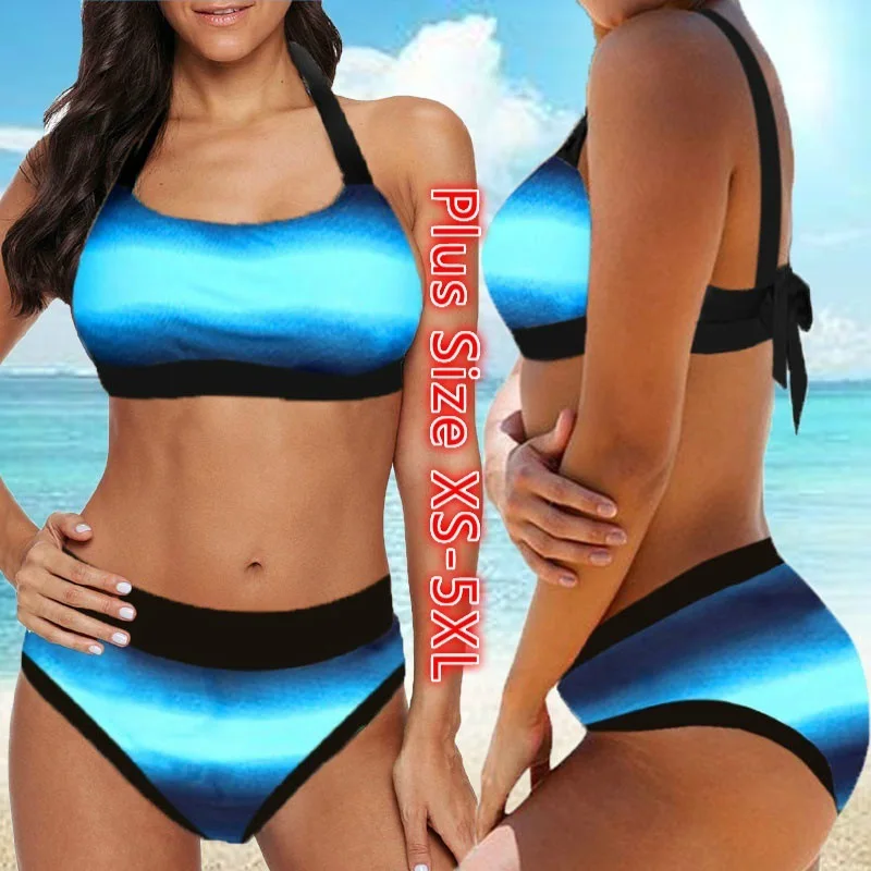 

Plus Size 5XL Backless Bikini Set Gradient Swimwear Detail Bathing Suits Two Piece Low Cut Swimsuit Women Beachwear