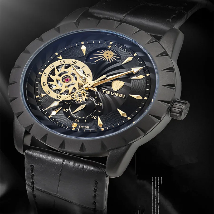 TEVISE мужские часы механические Автоматические самоходные часы черные кожаные Moon Phase Tourbillon деловые светящиеся наручные часы