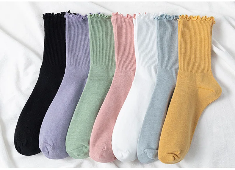 White Socks Women Kawaii Cute Frilly Ruffle Socks Cotton Japanese Fashion Purple Woman Crew Socks Female calcetines de la mujer winter socks for women