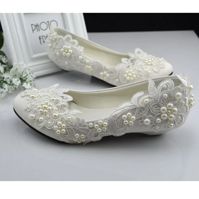 

New Pearls Lace Bridal Wedding Shoes White Flat Bottom Lady Fairy Shoes Sweet Sexy Low Heels Princess Dress Loafers