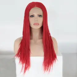 RONGDUOYI длинные красные термостойкие волокна волос Синтетический Косплей Плетеный парик 900 шт. 2x твист косы Кружева передние парики для