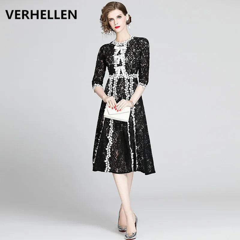 VERHELLEN, высокое качество, весна, подиум, для женщин, рукав 3/4, белый, черный, цвет, блок, кружево, Платья для вечеринок, элегантное, повседневное, женское платье