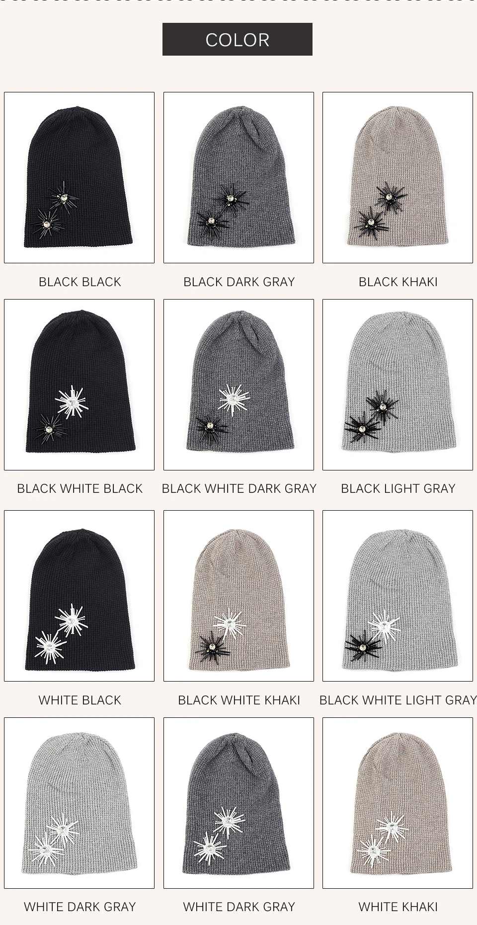 Geebro Adult Cashmere Glitter Rhinestone Beanie Hat With Tassel Sequins Floral Accessories Autumn Winter Warm Cuff Beanies Cap