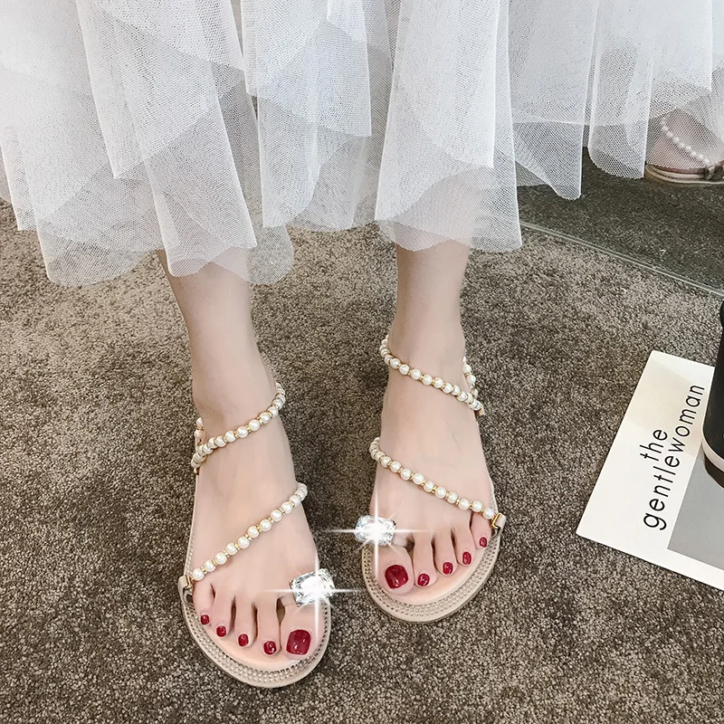 

Liren 2019 Summer Fashion Casual Lady Sandals Beach Holiday Casual Flat Heels Women Sandals String Bead Ankle Strap Casual Shoes